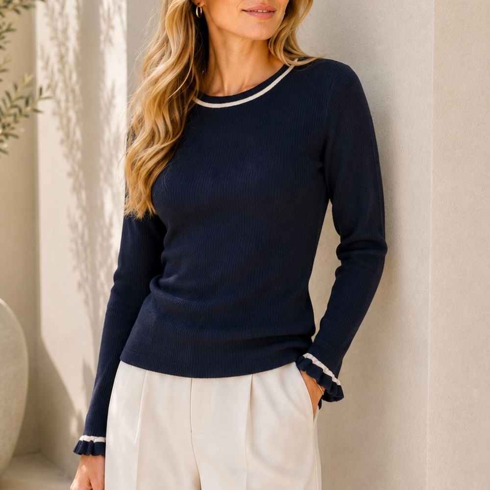 Ann Taylor Navy Ribbed Long Sleeve Sweater with Beige Trim